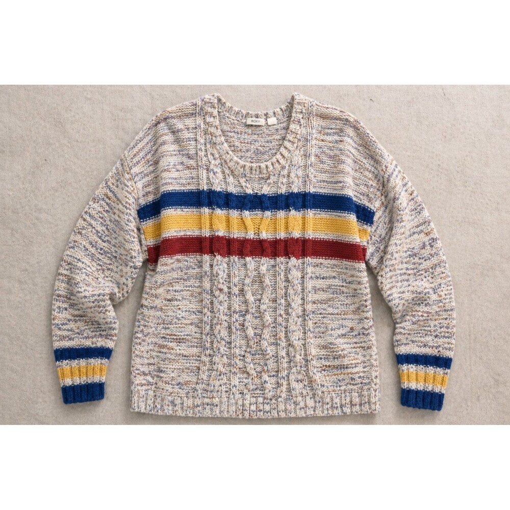 ROXY CABLE KNIT SWEATER WOMENS S BEIGE STRIPE OVERSIZED